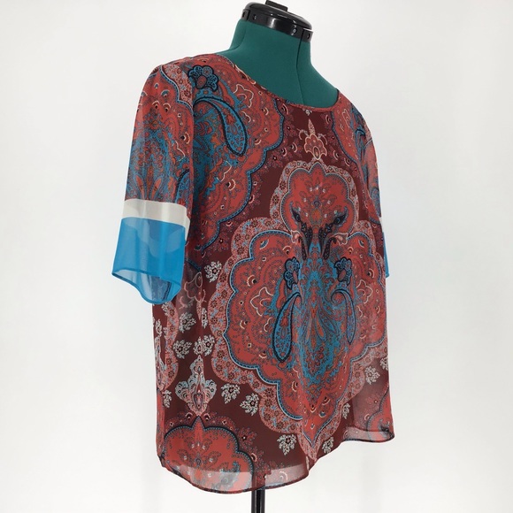 INC Sheer Red Paisley Short Sleeve Top, 12 - Picture 9 of 16